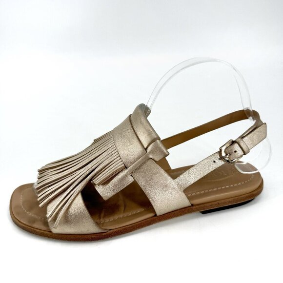 Tod's Metallic Gold Leather Fringe Cushioned Vacation Slingback 37 Sandals - Picture 1 of 8